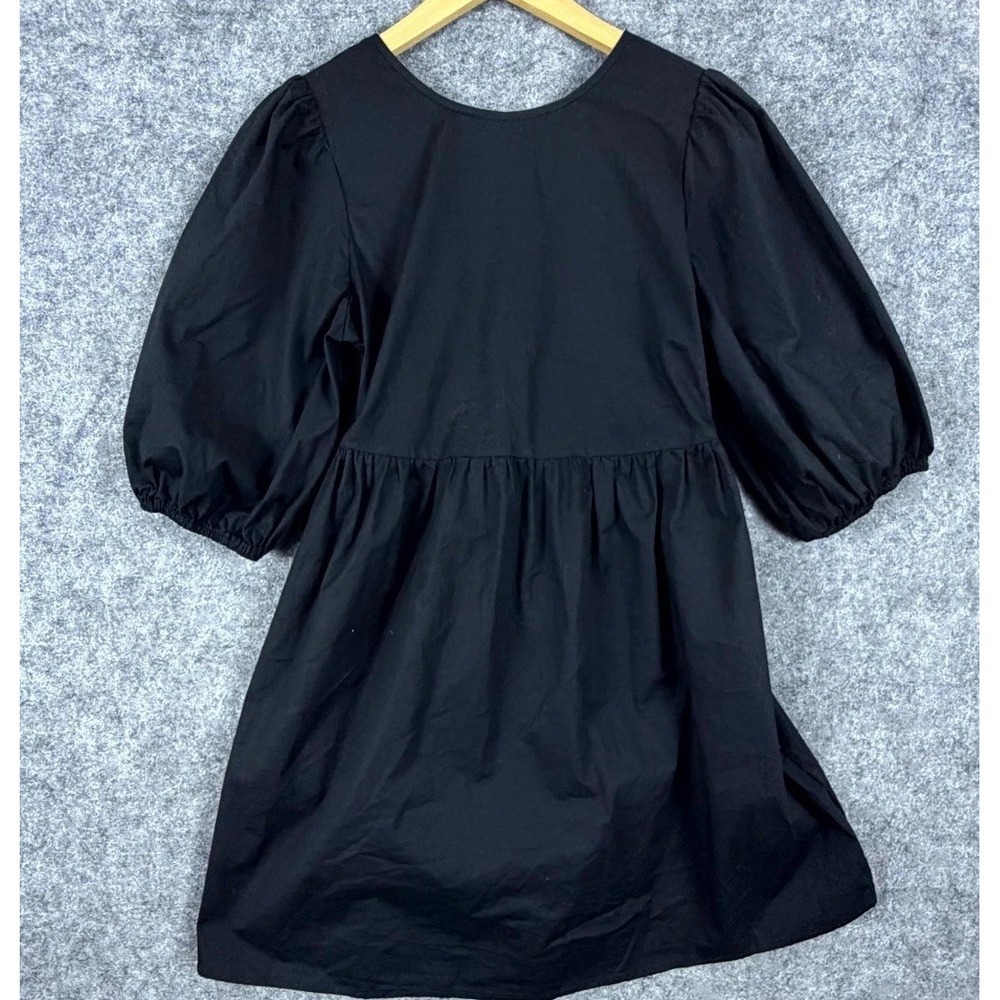 Womens Babydoll Mini Dress Black Cotton Pleated Puff Sleeve Party Wear Tie Back